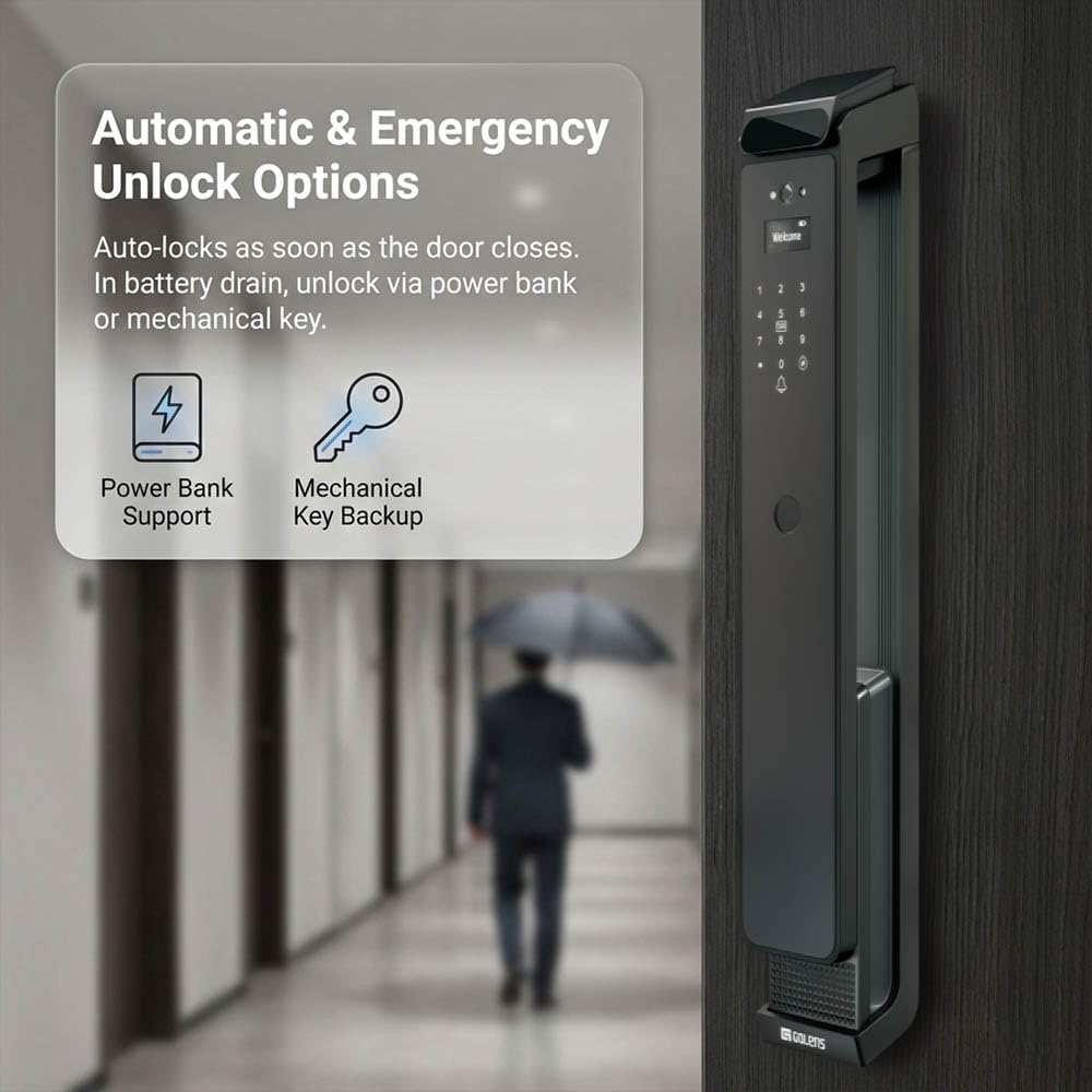 Golens X95 Luxury Smart Digital Door Lock | 9 Ways Unlocking | 3D Face ID | Fingerprint | Mobile App | RFID Card | PIN | OTP, Mechanical Key, Temporary Password, Door Viewer, No Extra Gateway Required
