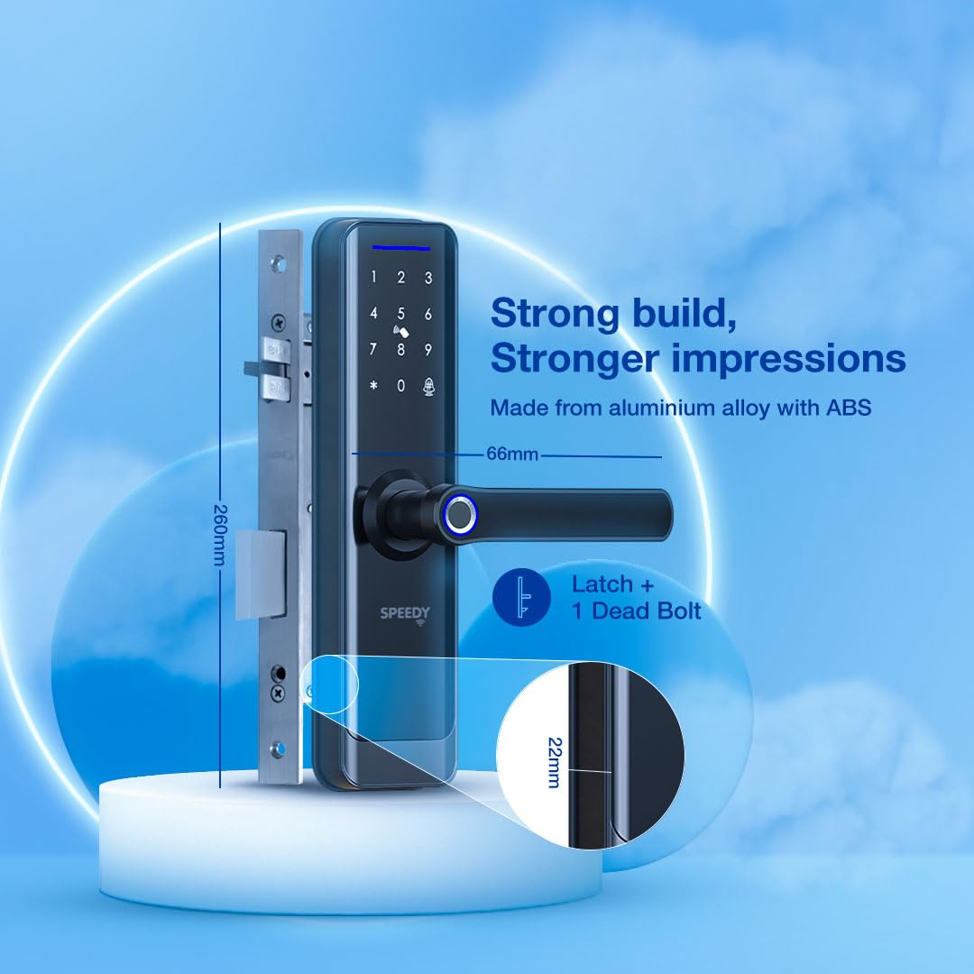 Speedy WiFi Enabled Smart Door Lock for Main Door | Biometric, 2 Emergency Keys |2-Year Warranty & Free Installation | Door Thickness Should be Between: 30-60mm