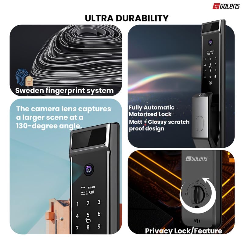 Golens X57 World's Most Advance Smart Lock | 10 Ways Unlock | Seperate Chime | Alexa/Apple/Google Home Supports | Inbuilt CCTV/Video Door Bell | Door Viewer | All Included | Bronze