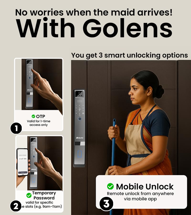 Golens X57 World's Most Advance Smart Lock | 10 Ways Unlock | Seperate Chime | Alexa/Apple/Google Home Supports | Inbuilt CCTV/Video Door Bell | Door Viewer | All Included | Bronze