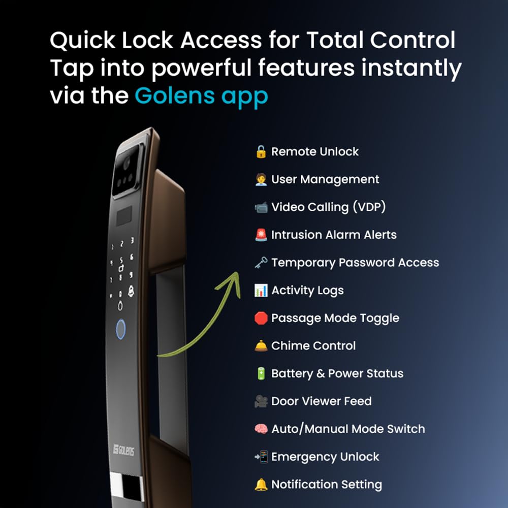Golens X57 World's Most Advance Smart Lock | 10 Ways Unlock | Seperate Chime | Alexa/Apple/Google Home Supports | Inbuilt CCTV/Video Door Bell | Door Viewer | All Included | Bronze