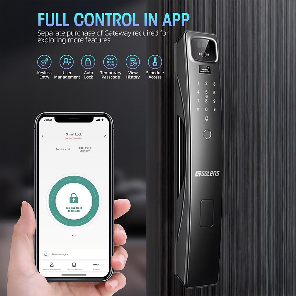 Golens X95 Luxury Smart Digital Door Lock | 9 Ways Unlocking | 3D Face ID | Fingerprint | Mobile App | RFID Card | PIN | OTP, Mechanical Key, Temporary Password, Door Viewer, No Extra Gateway Required
