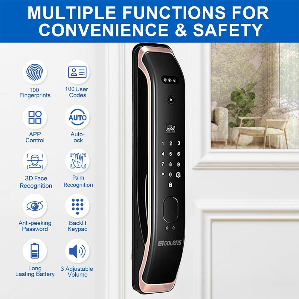 Golens X57 World's Most Advance Smart Lock | 10 Ways Unlock | Seperate Chime | Alexa/Apple/Google Home Supports | Inbuilt CCTV/Video Door Bell | Door Viewer | All Included | Bronze
