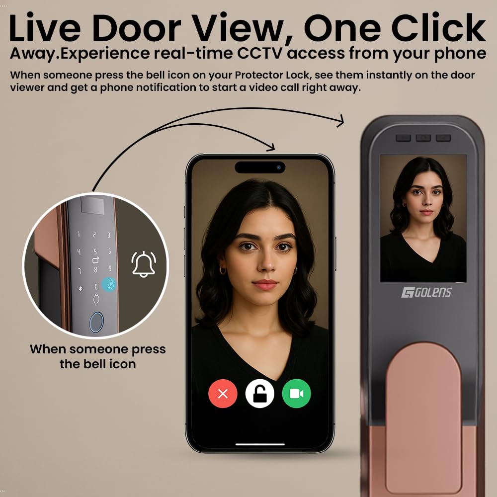 Golens X57 World's Most Advance Smart Lock | 10 Ways Unlock | Seperate Chime | Alexa/Apple/Google Home Supports | Inbuilt CCTV/Video Door Bell | Door Viewer | All Included | Bronze