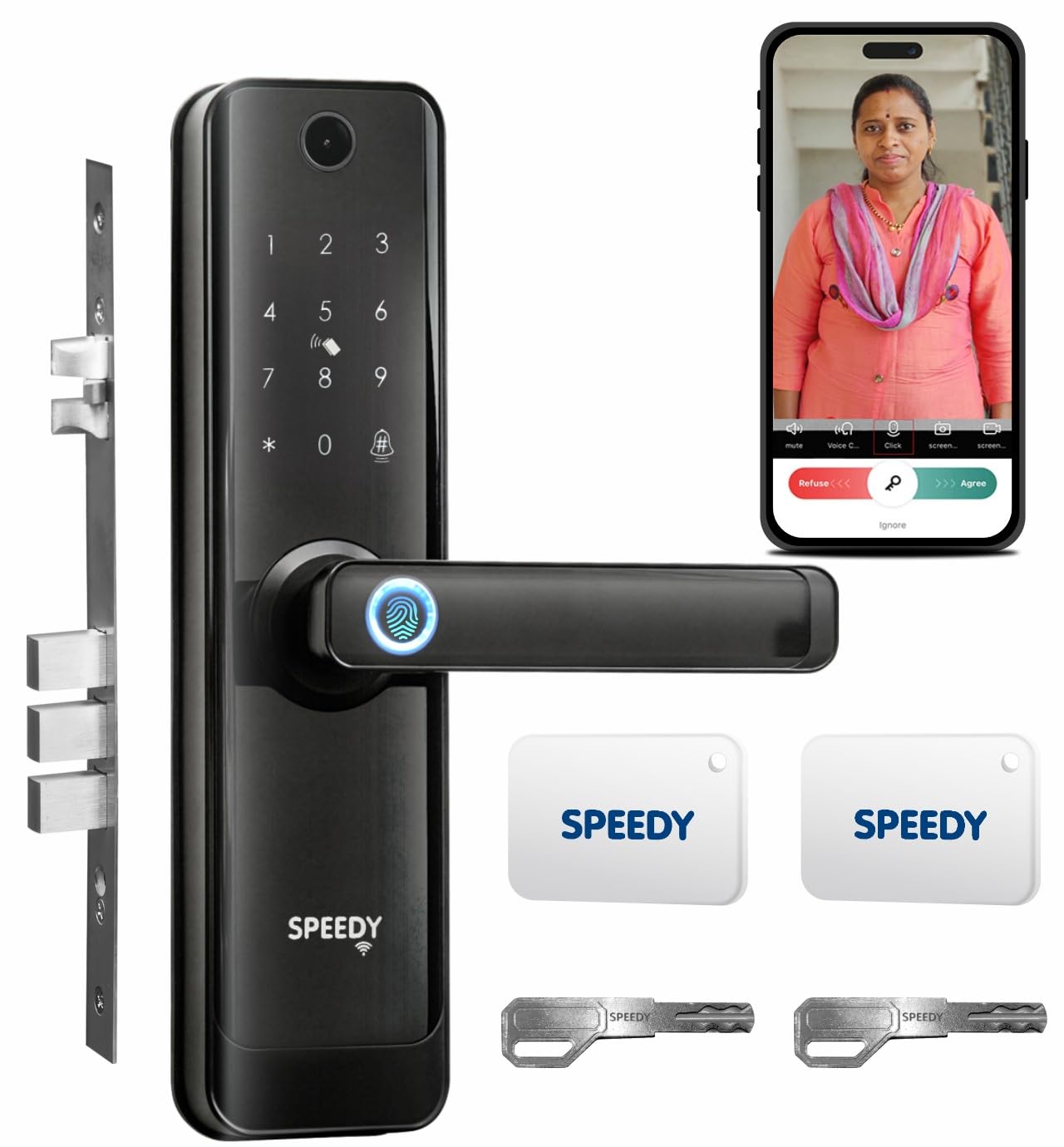 Speedy WiFi Enabled Smart Door Lock for Main Door | Biometric, 2 Emergency Keys |2-Year Warranty & Free Installation | Door Thickness Should be Between: 30-60mm