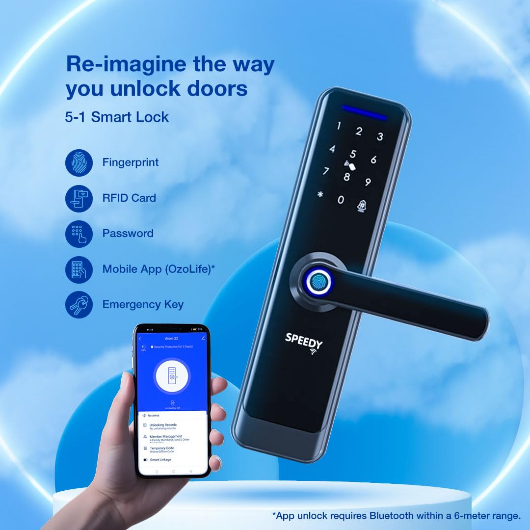 Speedy WiFi Enabled Smart Door Lock for Main Door | Biometric, 2 Emergency Keys |2-Year Warranty & Free Installation | Door Thickness Should be Between: 30-60mm