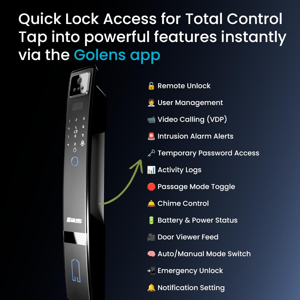 Golens X57 World's Most Advance Smart Lock | 10 Ways Unlock | Seperate Chime | Alexa/Apple/Google Home Supports | Inbuilt CCTV/Video Door Bell | Door Viewer | All Included | Bronze