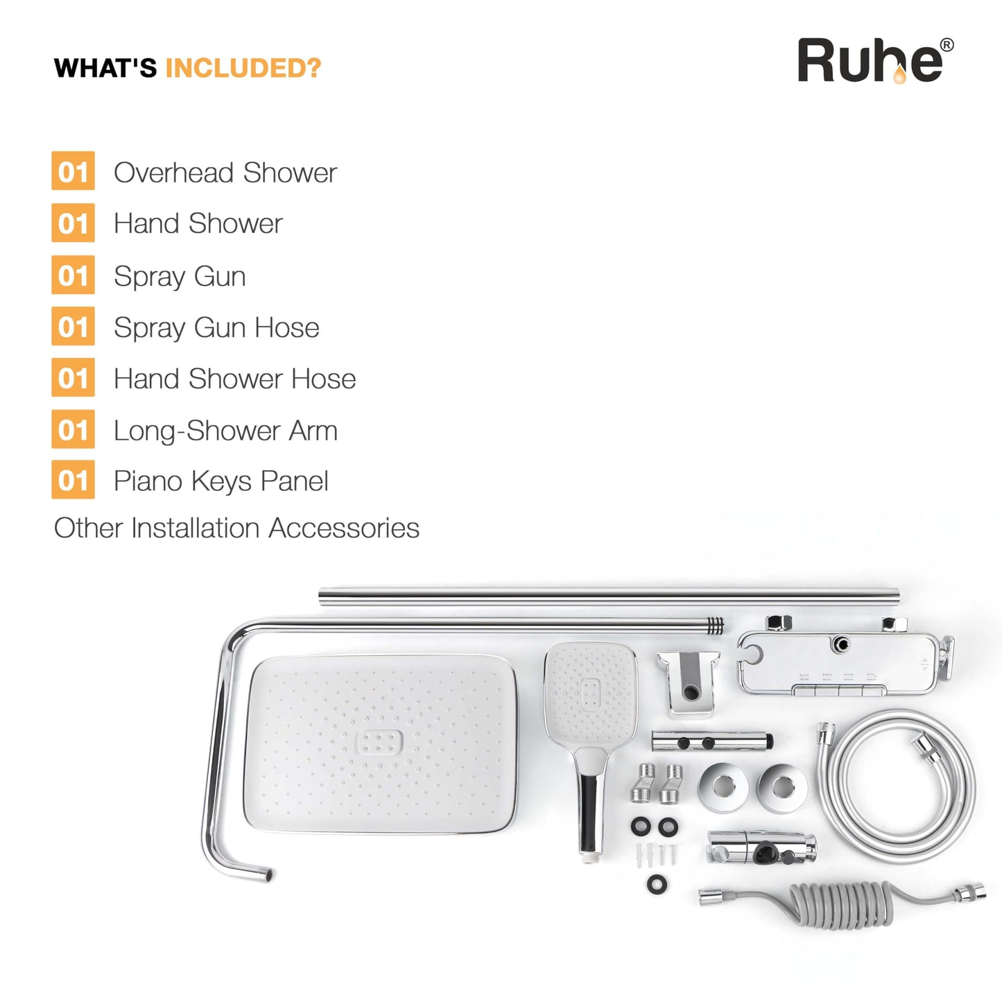 Ruhe Ripple Smart Shower Panel Set, 4-in-1 Multi Flow Functions, Piano Button Shower Panel System Chrome Finish, Includes Overhead Shower, 3-Flow Hand Shower and Dual Mode Water Spray Health Faucet