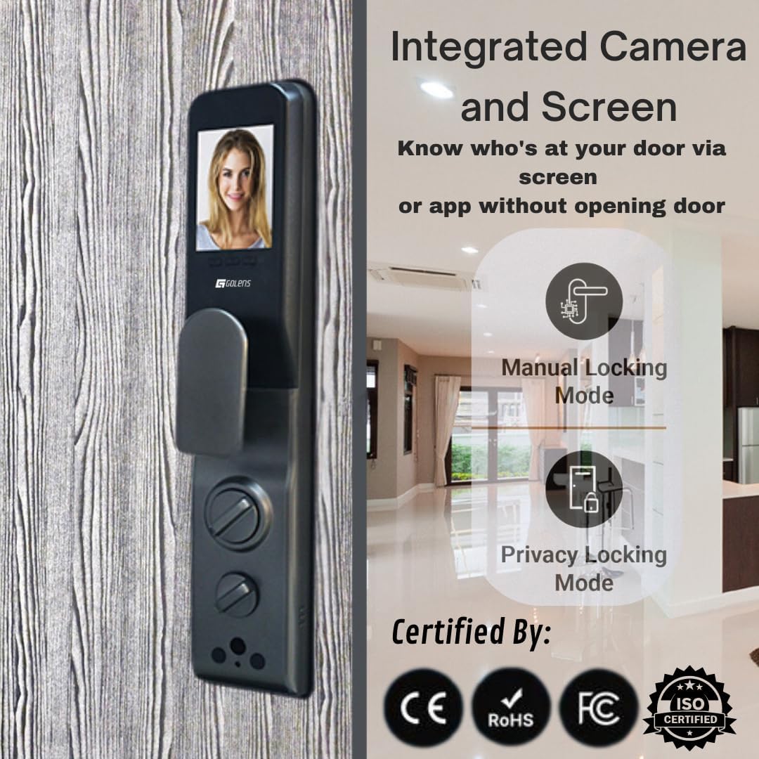 Golens X95 Luxury Smart Digital Door Lock | 9 Ways Unlocking | 3D Face ID | Fingerprint | Mobile App | RFID Card | PIN | OTP, Mechanical Key, Temporary Password, Door Viewer, No Extra Gateway Required