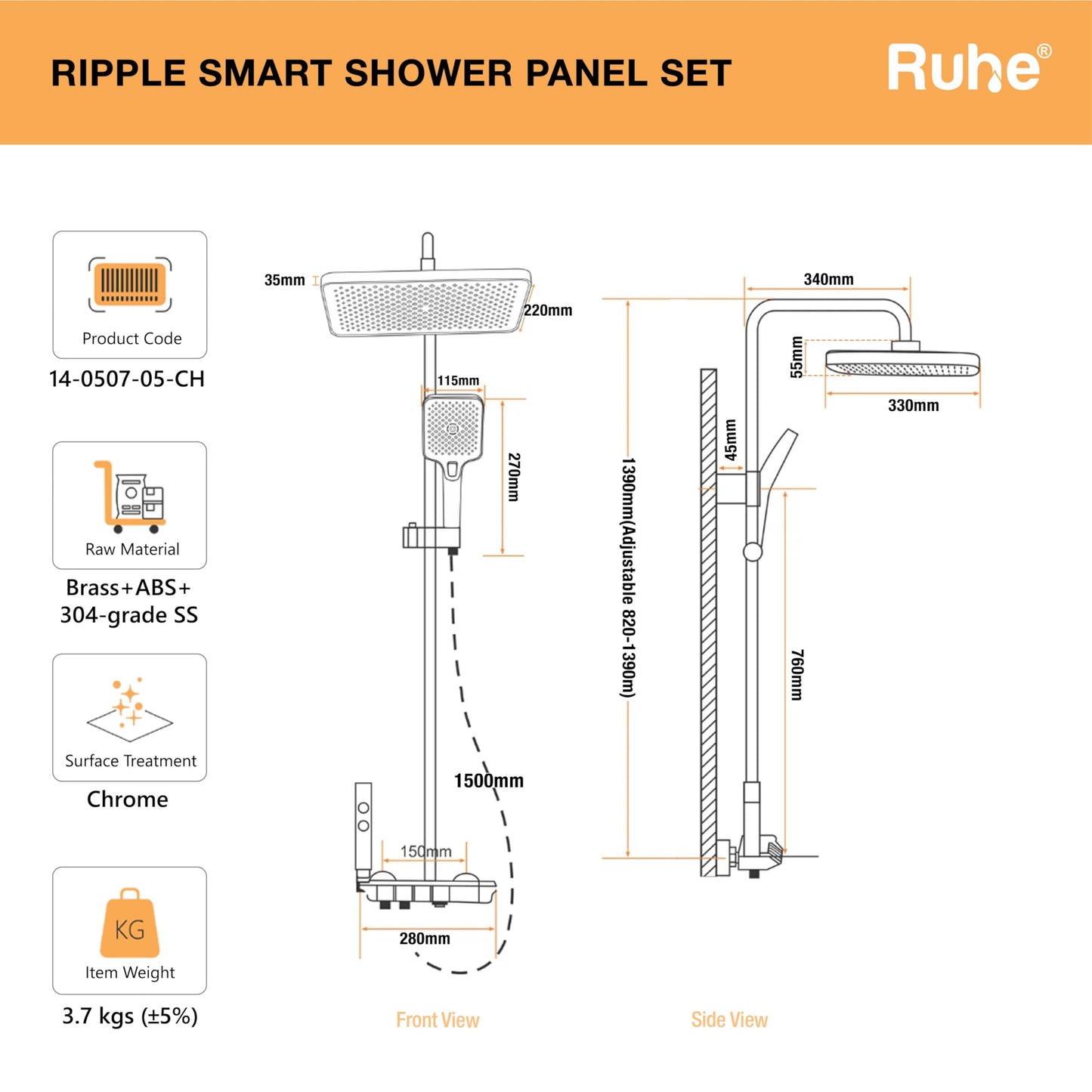 Ruhe Ripple Smart Shower Panel Set, 4-in-1 Multi Flow Functions, Piano Button Shower Panel System Chrome Finish, Includes Overhead Shower, 3-Flow Hand Shower and Dual Mode Water Spray Health Faucet