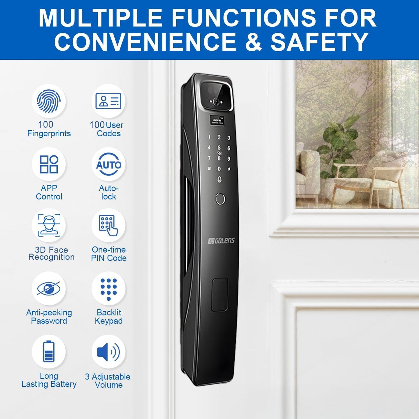 Golens X95 Luxury Smart Digital Door Lock | 9 Ways Unlocking | 3D Face ID | Fingerprint | Mobile App | RFID Card | PIN | OTP, Mechanical Key, Temporary Password, Door Viewer, No Extra Gateway Required