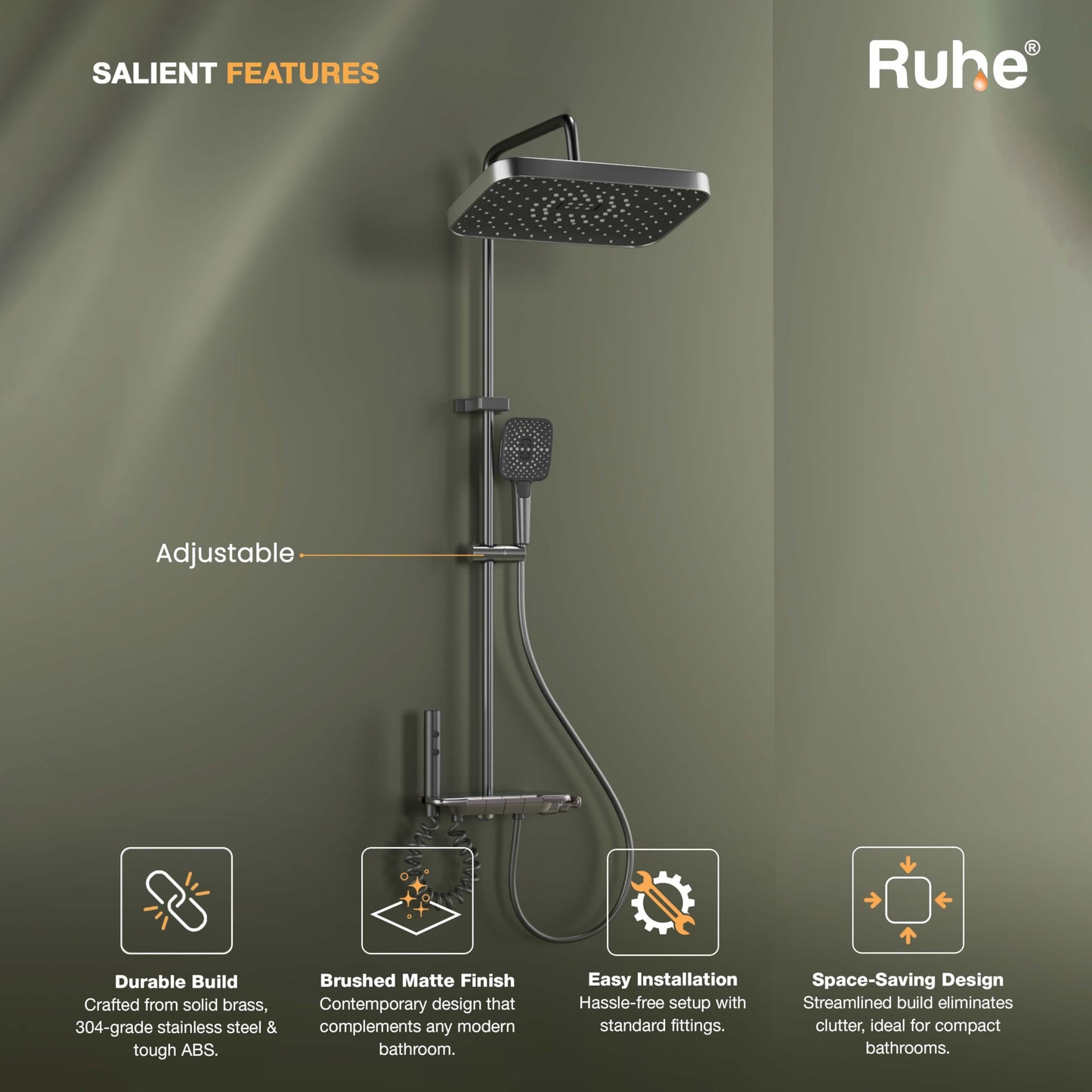 Ruhe Ripple Smart Shower Panel Set, 4-in-1 Multi Flow Functions, Piano Button Shower Panel System Chrome Finish, Includes Overhead Shower, 3-Flow Hand Shower and Dual Mode Water Spray Health Faucet