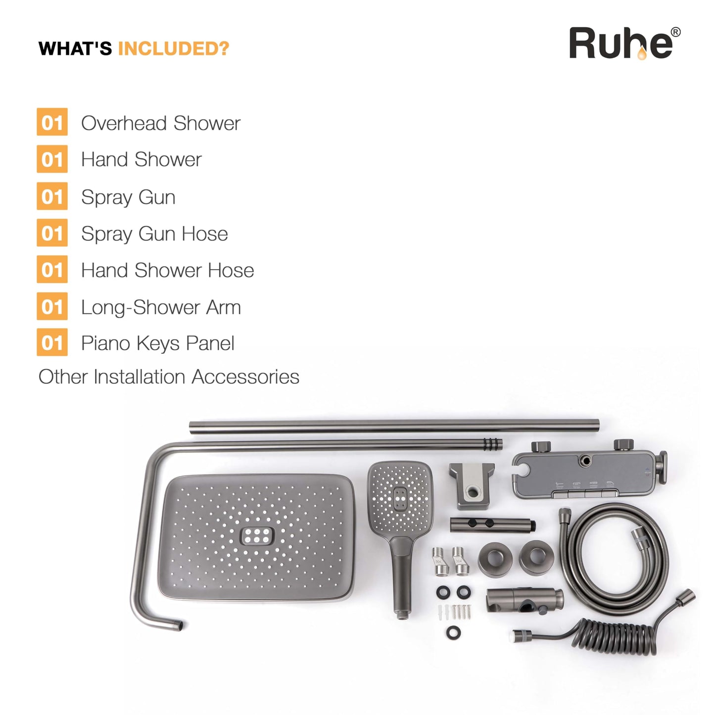 Ruhe Ripple Smart Shower Panel Set, 4-in-1 Multi Flow Functions, Piano Button Shower Panel System Chrome Finish, Includes Overhead Shower, 3-Flow Hand Shower and Dual Mode Water Spray Health Faucet