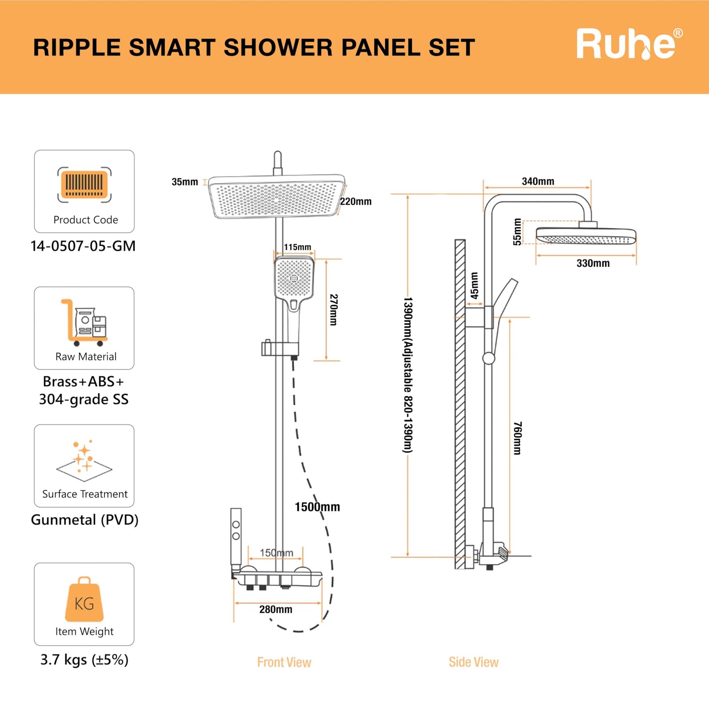 Ruhe Ripple Smart Shower Panel Set, 4-in-1 Multi Flow Functions, Piano Button Shower Panel System Chrome Finish, Includes Overhead Shower, 3-Flow Hand Shower and Dual Mode Water Spray Health Faucet