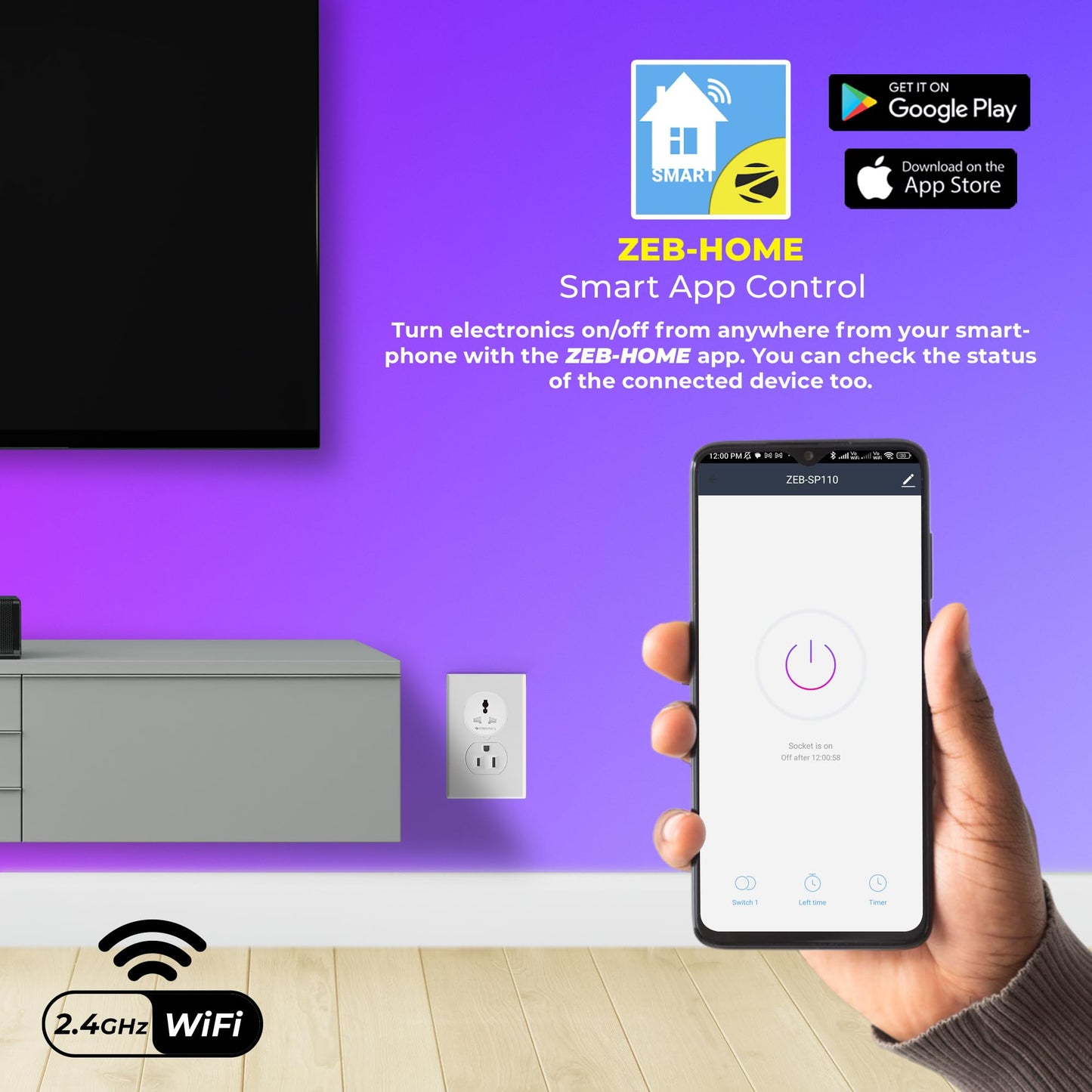 Zebronics ZEB-SP110, Smart Wi-Fi Plug Compatible with Google Assistant & Alexa, Supports Upto 10A and Comes with a Dedicated APP That Features Scheduled Control.