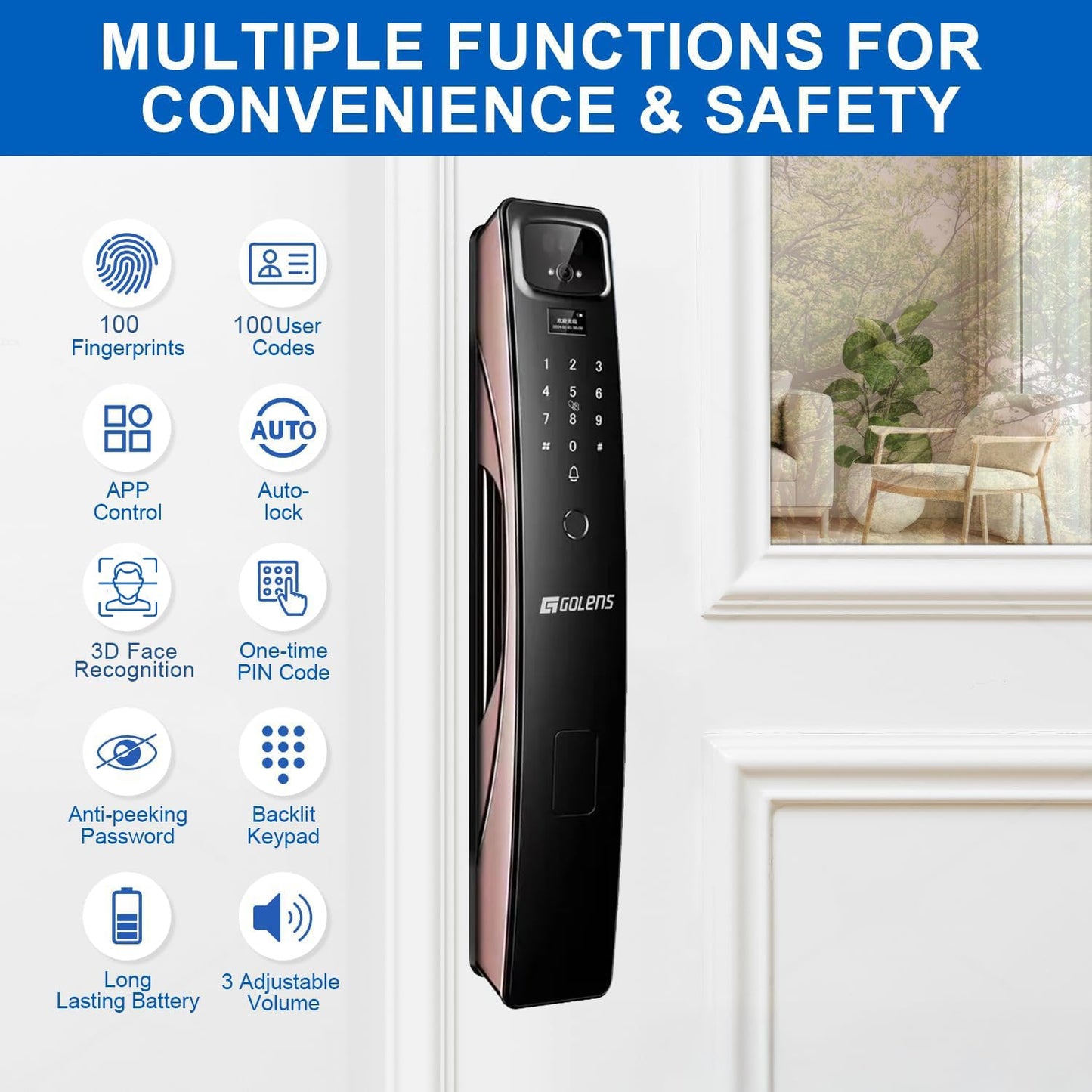 Golens X95 Luxury Smart Digital Door Lock | 9 Ways Unlocking | 3D Face ID | Fingerprint | Mobile App | RFID Card | PIN | OTP, Mechanical Key, Temporary Password, Door Viewer, No Extra Gateway Required