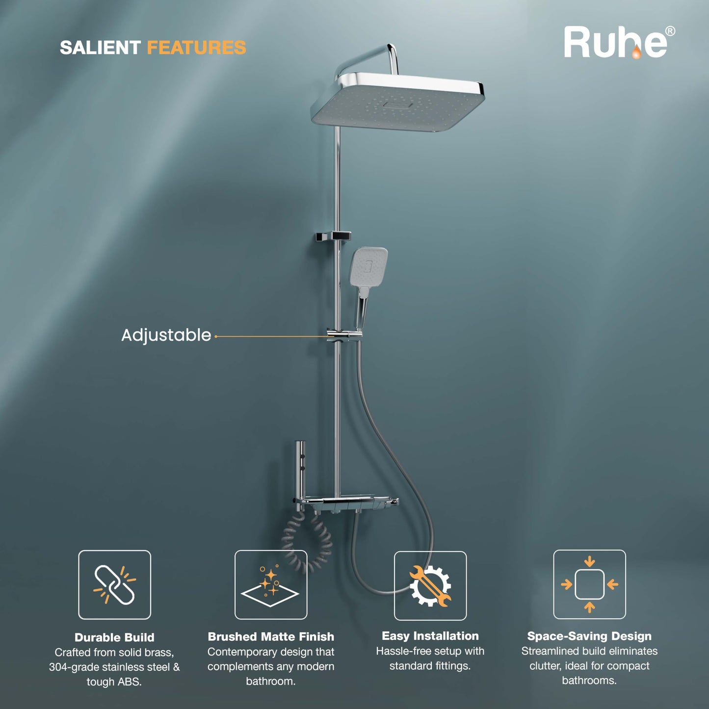 Ruhe Ripple Smart Shower Panel Set, 4-in-1 Multi Flow Functions, Piano Button Shower Panel System Chrome Finish, Includes Overhead Shower, 3-Flow Hand Shower and Dual Mode Water Spray Health Faucet