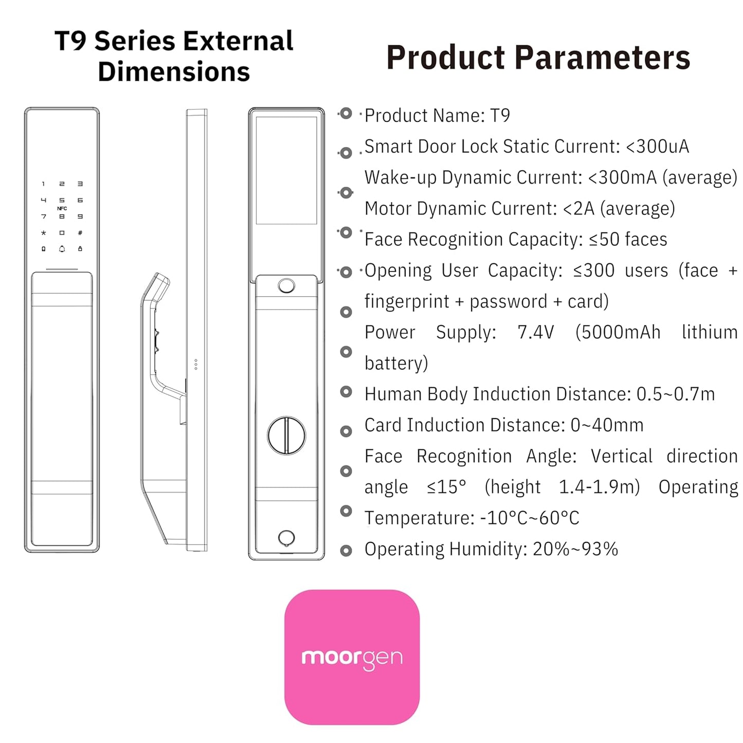 Moorgen T5+ Smart Door Lock – 6-Layer Security with Face Recognition, Anti-Pry Alarm, Virtual Password | Futuristic Design Recommended by Zaha Hadid