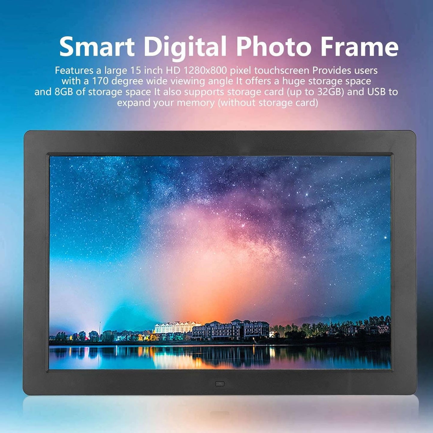 UniMarket® 15-Inch Smart WiFi Digital Photo Frame – Wall-Mounted, App Sharing, Auto-Rotate | EU Plug, Black Finish