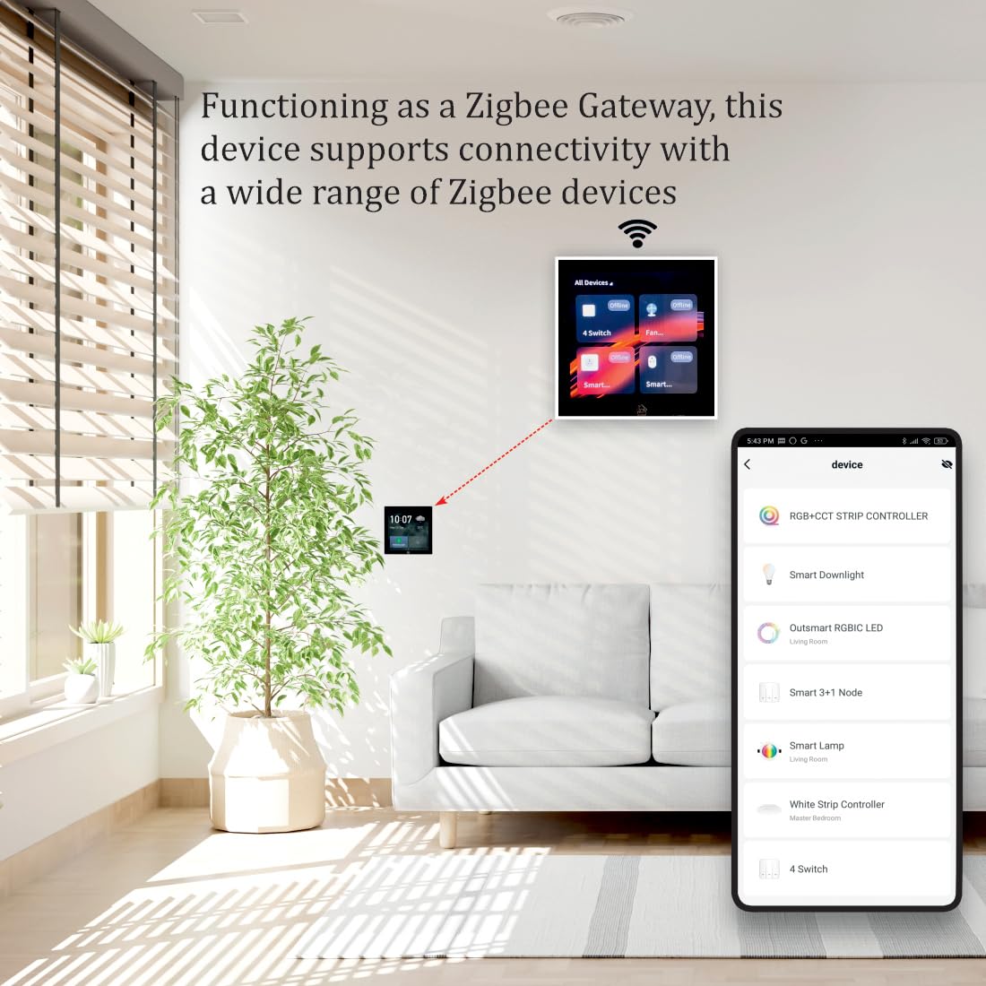 HomeMate Smart Home Control Panel Multi-Functional Wifi Smart Scene Wall Switch Zigbee BT Function APP Remote Control With 4-Inch LCD Touch Screen Clock Date Temperature Weather Display, 230 Volts