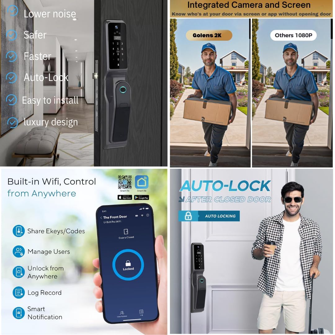 Golens X95 Luxury Smart Digital Door Lock | 9 Ways Unlocking | 3D Face ID | Fingerprint | Mobile App | RFID Card | PIN | OTP, Mechanical Key, Temporary Password, Door Viewer, No Extra Gateway Required