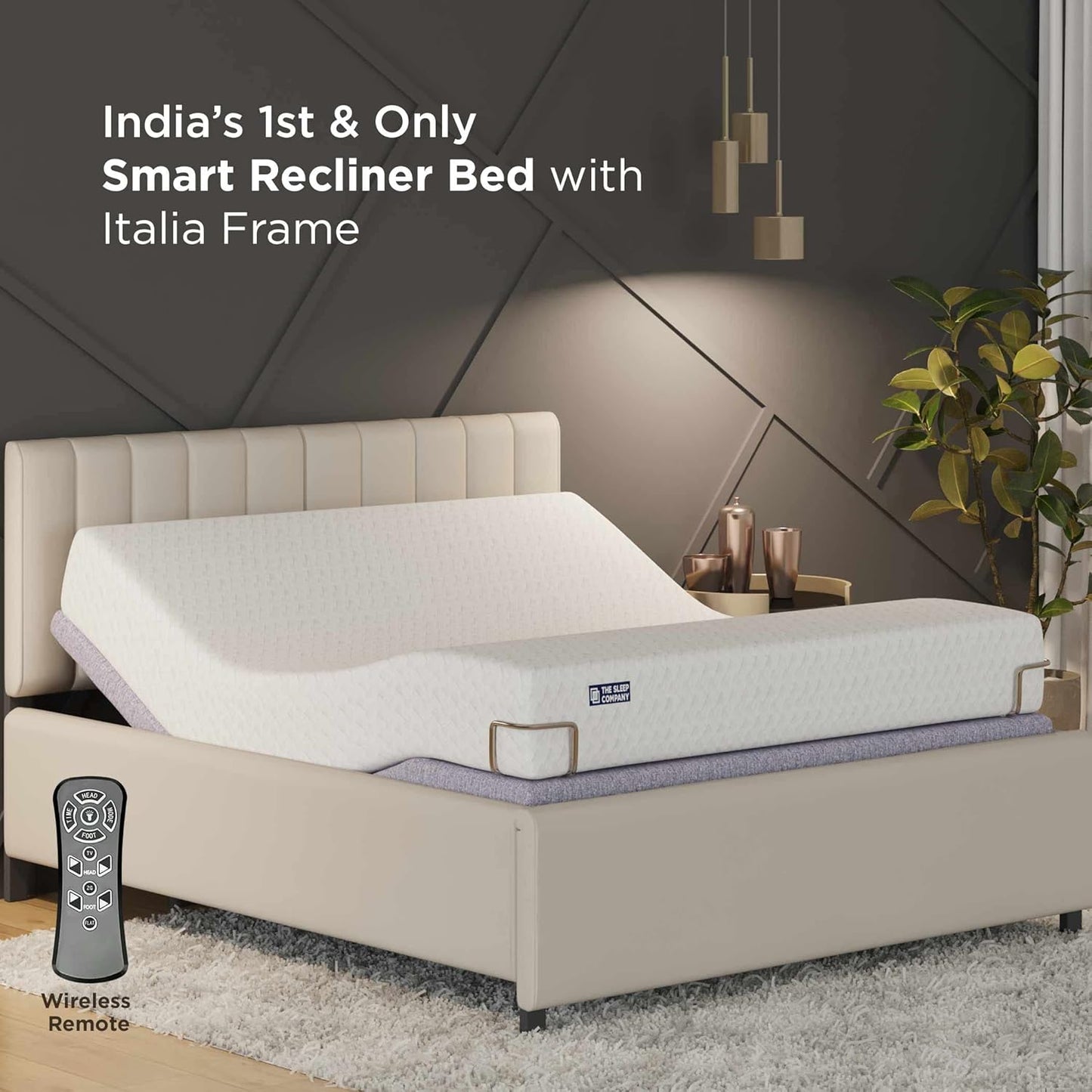 The Sleep Company Elev8 Smart Recliner Bed – Italia Beige Frame + 8" Ortho Mattress | Smart Adjustable King Bed with Massage & Zero Gravity Mode | Metal Frame, Carbon Steel