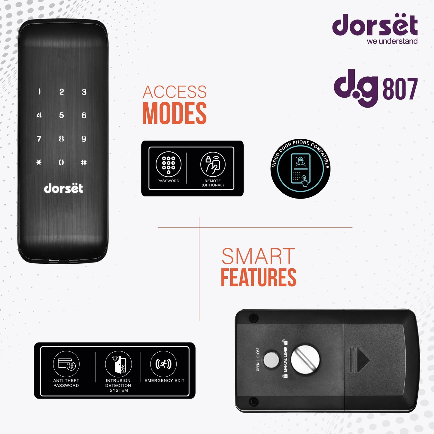 Dorset DG 907 Digital Rim Lock with Pincode Access | Sleek Security Solution for Main Doors | Ideal for Door Thickness 30-60 mm | Graphite Matte Finish, Black