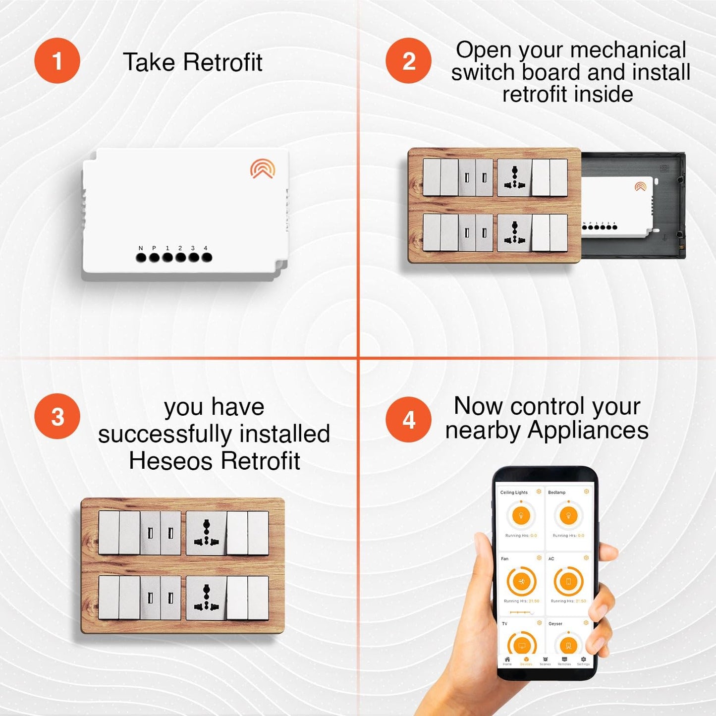Heseos 4 Node Smart Switch Retrofit Kit with 4 Retrofit and1 Smart Plug with WiFi Communication Made in India with Voice Command, siri control, Alexa, and Google Homes (4 Node)