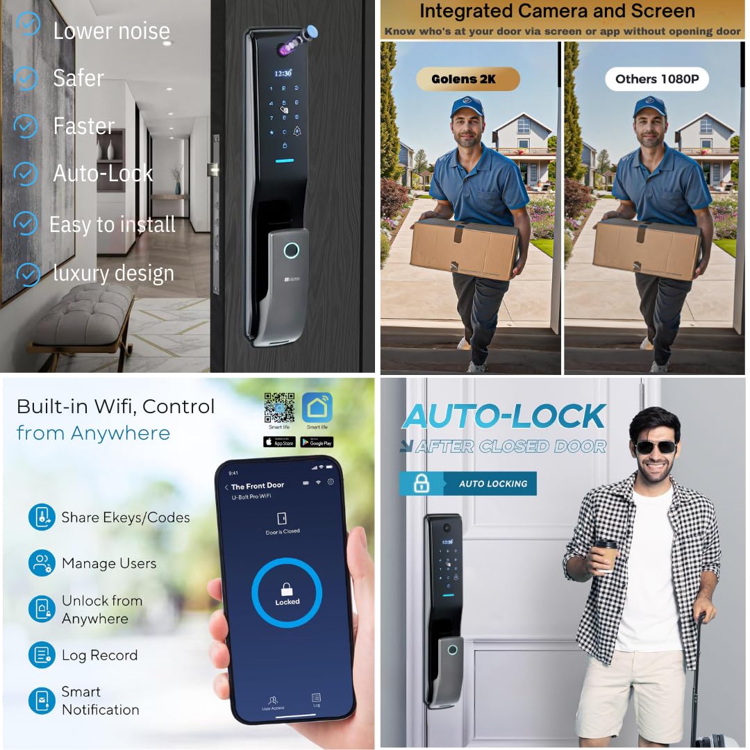 Golens X57 World's Most Advance Smart Lock | 10 Ways Unlock | Seperate Chime | Alexa/Apple/Google Home Supports | Inbuilt CCTV/Video Door Bell | Door Viewer | All Included | Bronze