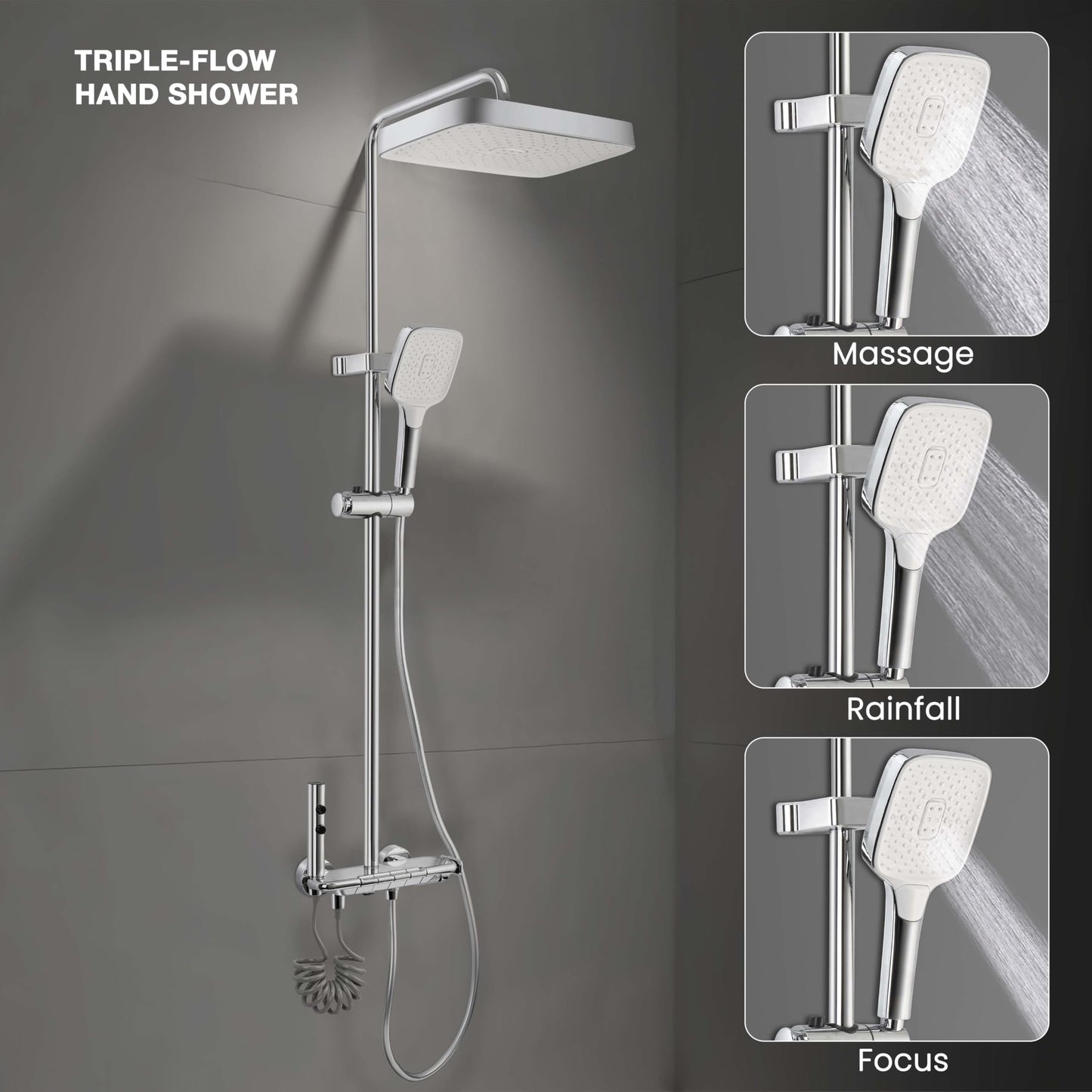 Ruhe Ripple Smart Shower Panel Set, 4-in-1 Multi Flow Functions, Piano Button Shower Panel System Chrome Finish, Includes Overhead Shower, 3-Flow Hand Shower and Dual Mode Water Spray Health Faucet