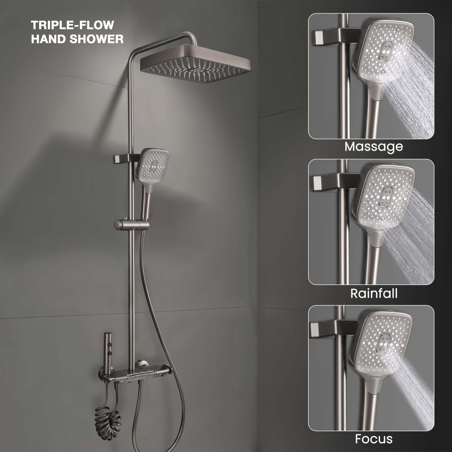 Ruhe Ripple Smart Shower Panel Set, 4-in-1 Multi Flow Functions, Piano Button Shower Panel System Chrome Finish, Includes Overhead Shower, 3-Flow Hand Shower and Dual Mode Water Spray Health Faucet