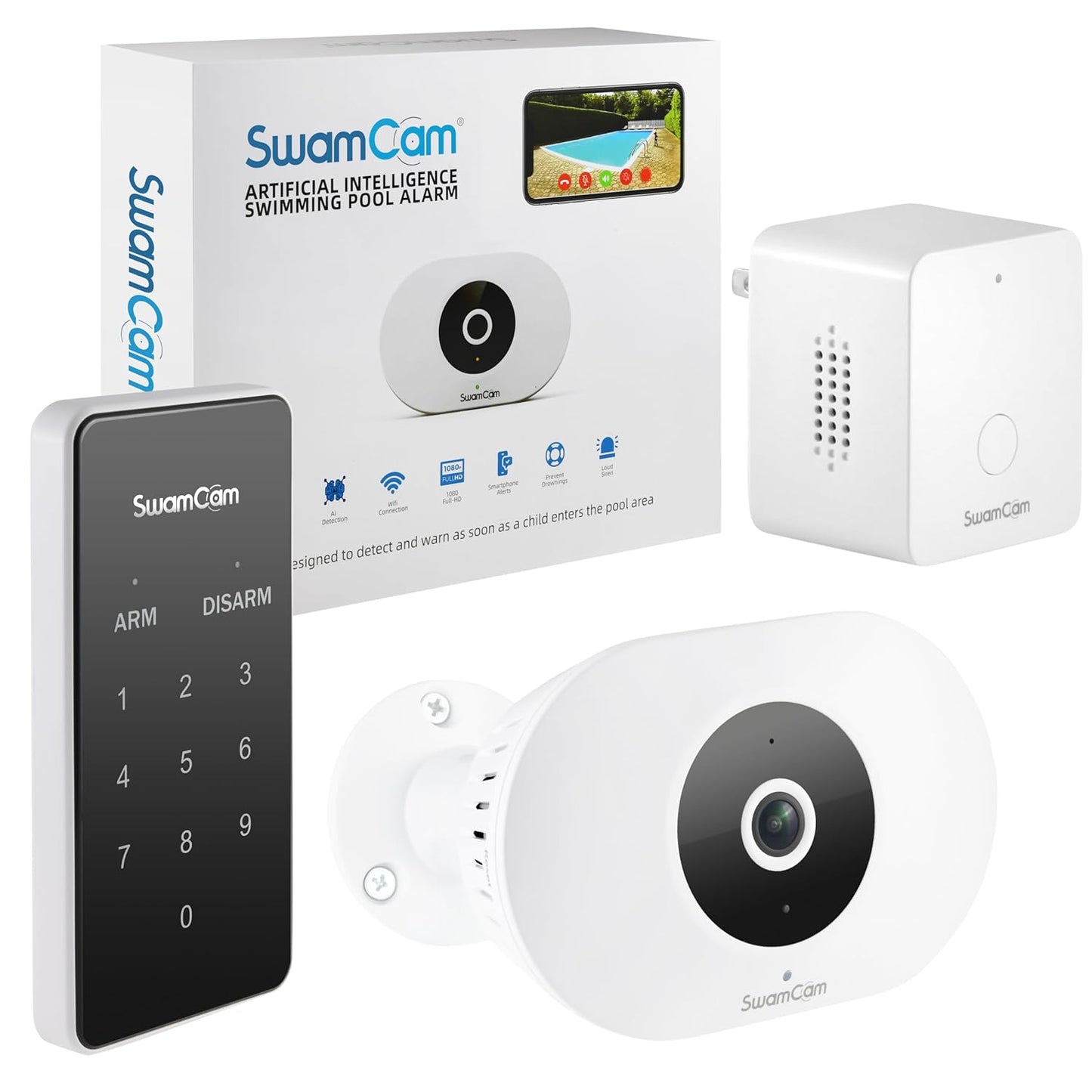 SwamCam WiFi Pool Alarm Camera – ASTM F2208 Certified Smart Pool Safety System | Real-Time Alerts, Remote Viewing, Wi-Fi Repeater – For Inground & Above Ground Pools