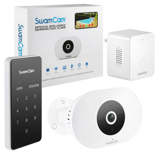 SwamCam WiFi Pool Alarm Camera – ASTM F2208 Certified Smart Pool Safety System | Real-Time Alerts, Remote Viewing, Wi-Fi Repeater – For Inground & Above Ground Pools