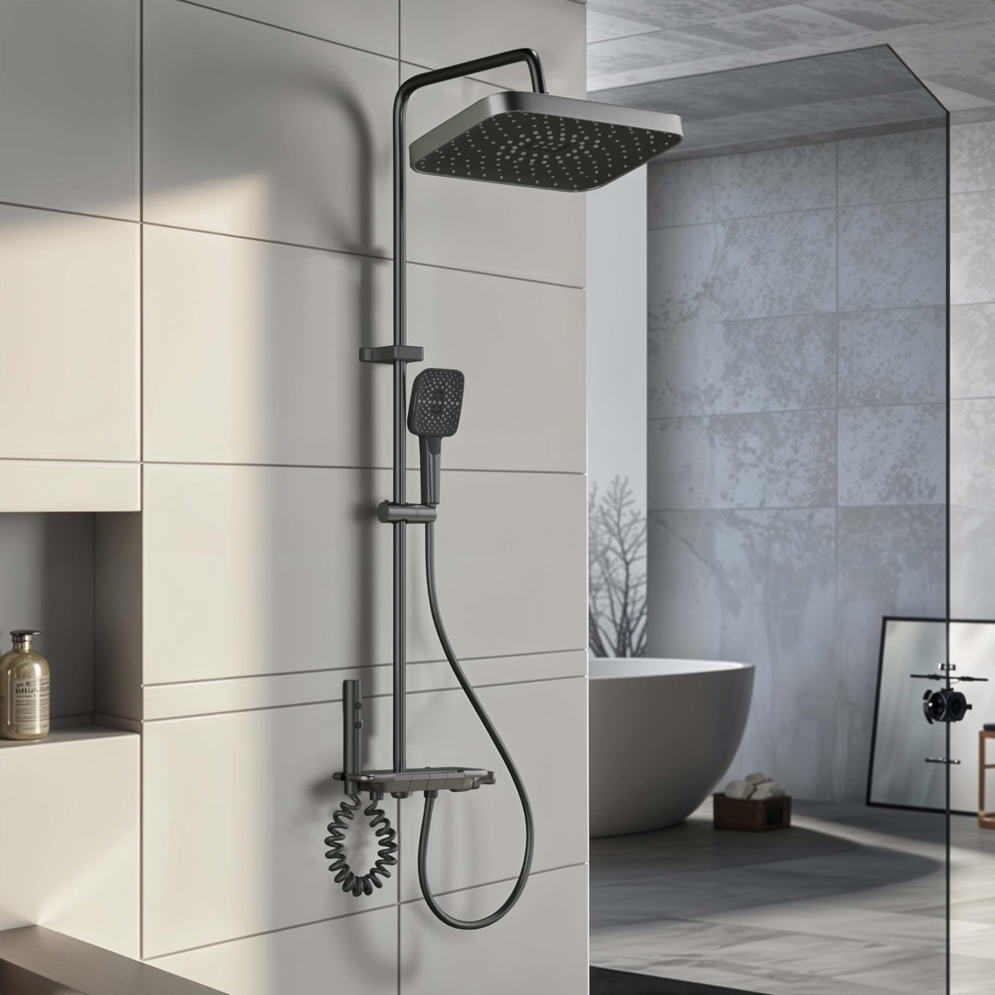 Ruhe Ripple Smart Shower Panel Set, 4-in-1 Multi Flow Functions, Piano Button Shower Panel System Chrome Finish, Includes Overhead Shower, 3-Flow Hand Shower and Dual Mode Water Spray Health Faucet