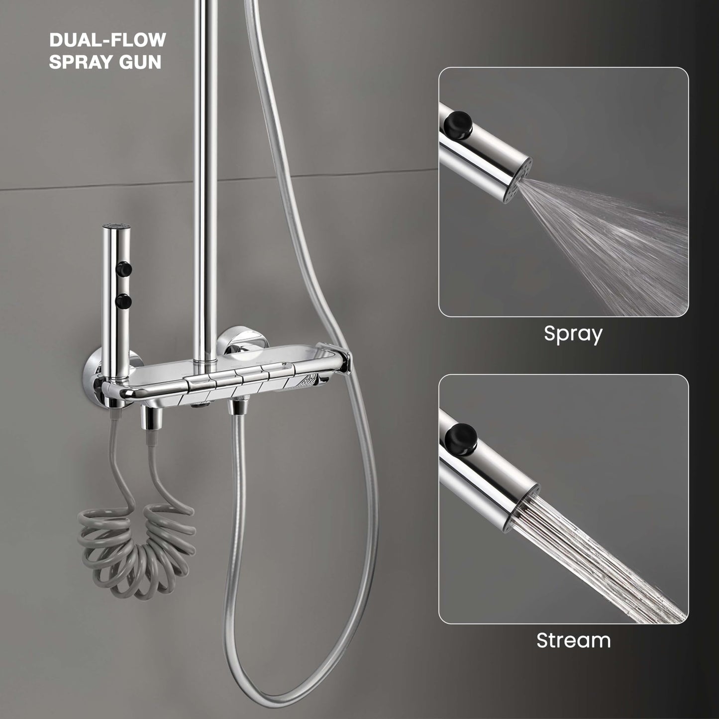 Ruhe Ripple Smart Shower Panel Set, 4-in-1 Multi Flow Functions, Piano Button Shower Panel System Chrome Finish, Includes Overhead Shower, 3-Flow Hand Shower and Dual Mode Water Spray Health Faucet