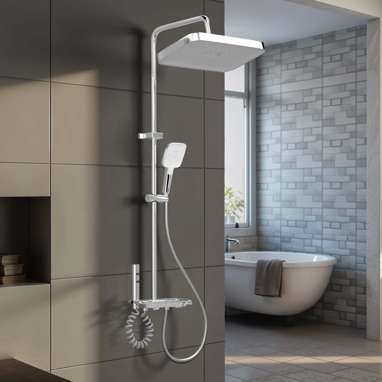 Ruhe Ripple Smart Shower Panel Set, 4-in-1 Multi Flow Functions, Piano Button Shower Panel System Chrome Finish, Includes Overhead Shower, 3-Flow Hand Shower and Dual Mode Water Spray Health Faucet