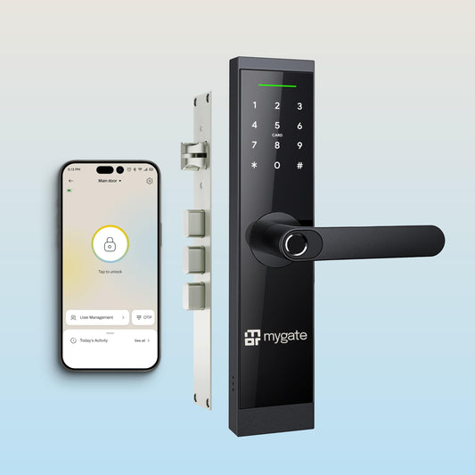 Mygate Smart Door Lock SE with 6 Unlock Methods, Fingerprint, OTP, PIN, RFID Card, Key & Mobile App Access, Unauthorized Freeze & Pin Decoy, Remote Unlocking via OTP| 3-Year Warranty by Mygate, Black