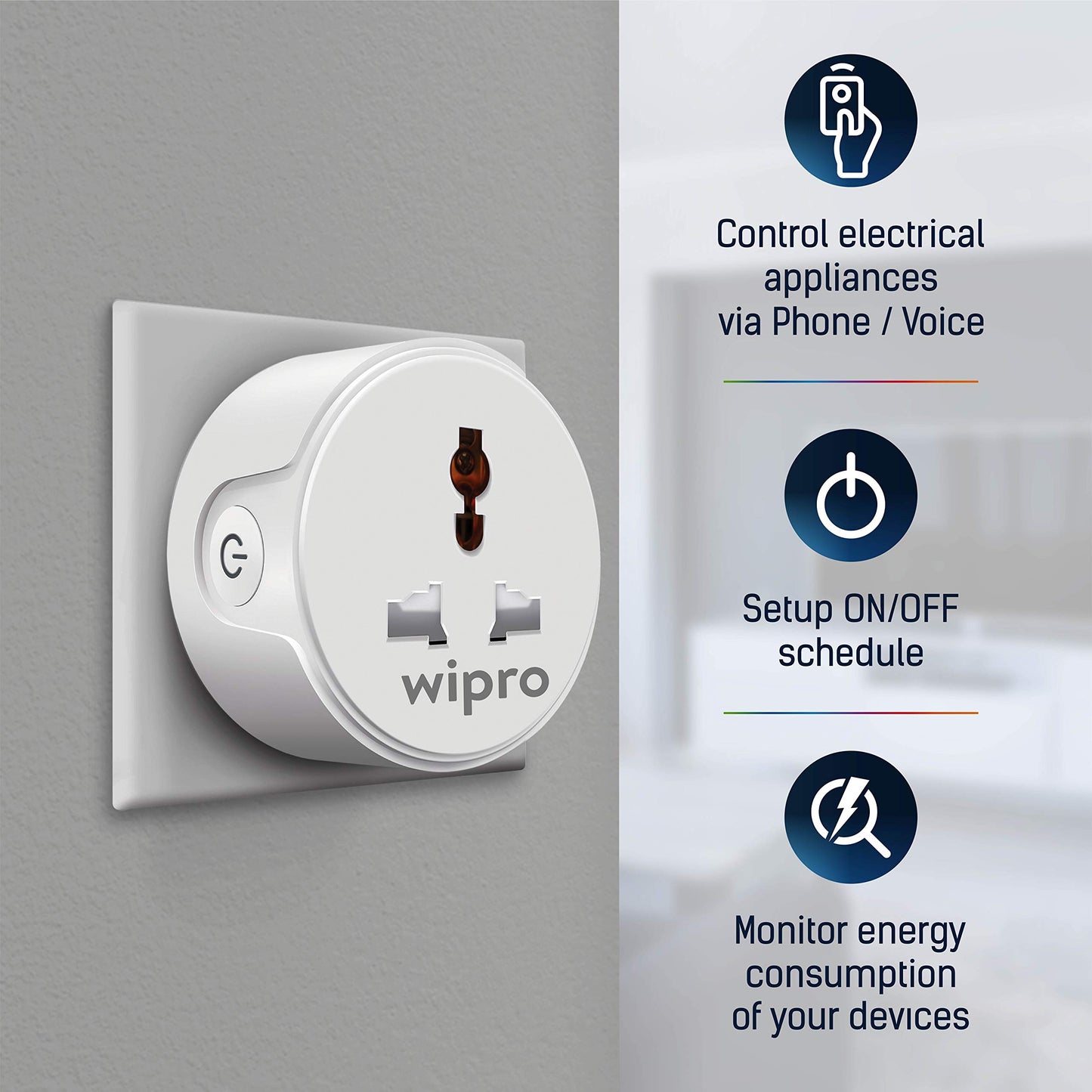 Wipro 10A smart plug with Energy monitoring- Suitable for small appliances like TVs, Electric Kettle, Mobile and Laptop Chargers (Works with Alexa and Google Assistant)