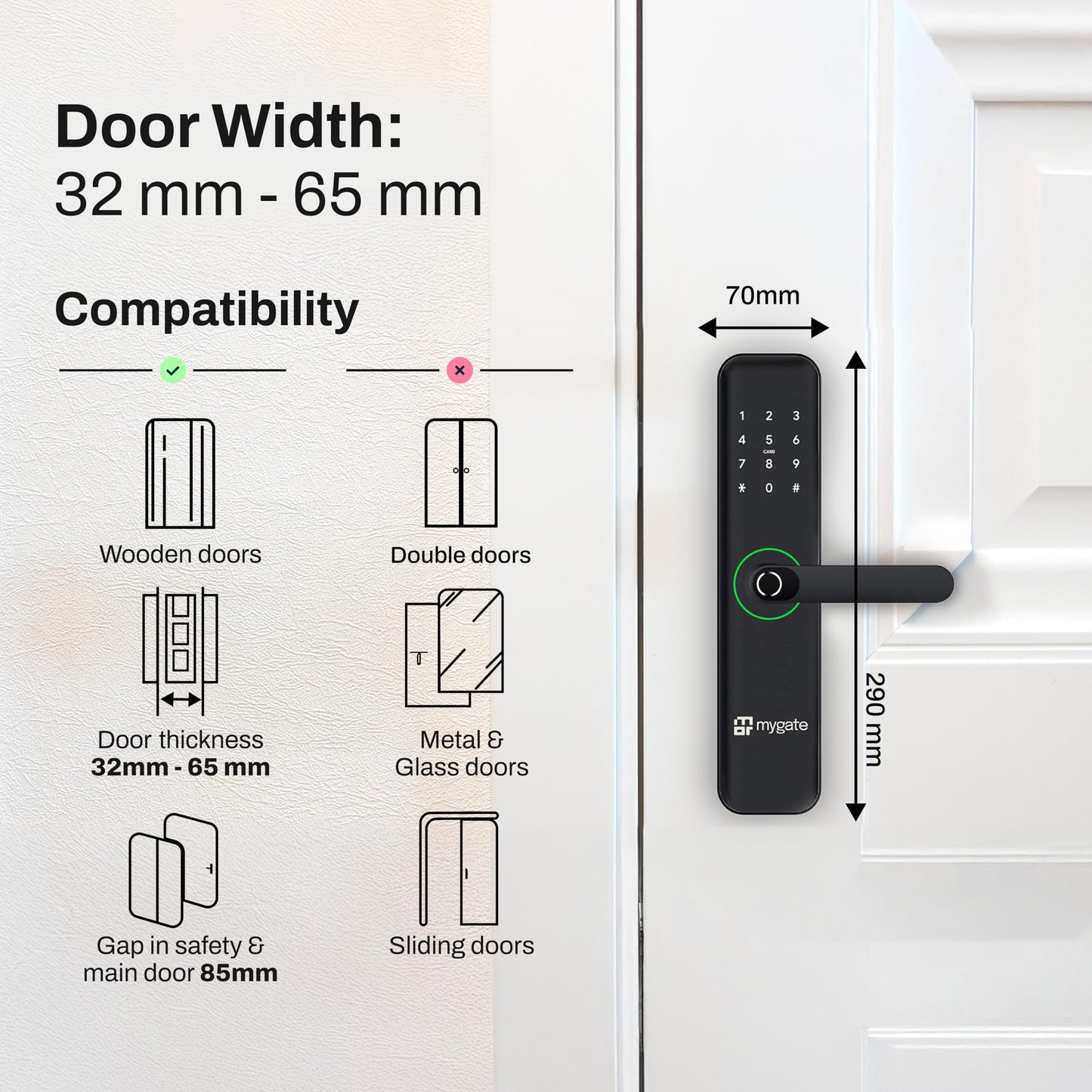 Mygate Smart Door Lock SE with 6 Unlock Methods, Fingerprint, OTP, PIN, RFID Card, Key & Mobile App Access, Unauthorized Freeze & Pin Decoy, Remote Unlocking via OTP| 3-Year Warranty by Mygate, Black