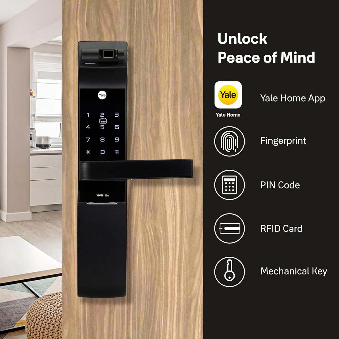Yale YDM 7116 Smart Door Lock – Biometric, PIN, RFID, Bluetooth & Mechanical Key Access | App Enabled | Wi-Fi Optional | Matt Black Finish