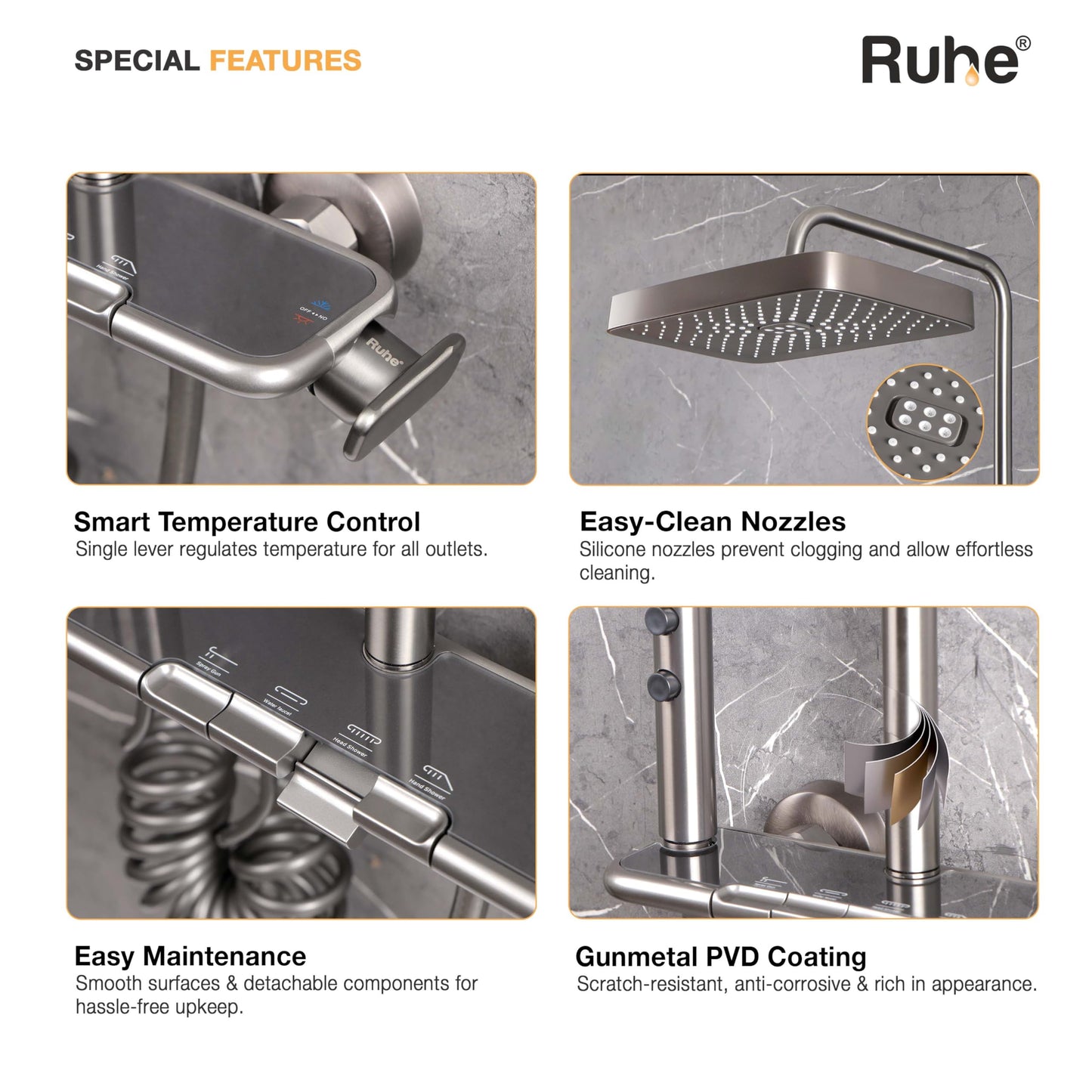Ruhe Ripple Smart Shower Panel Set, 4-in-1 Multi Flow Functions, Piano Button Shower Panel System Chrome Finish, Includes Overhead Shower, 3-Flow Hand Shower and Dual Mode Water Spray Health Faucet