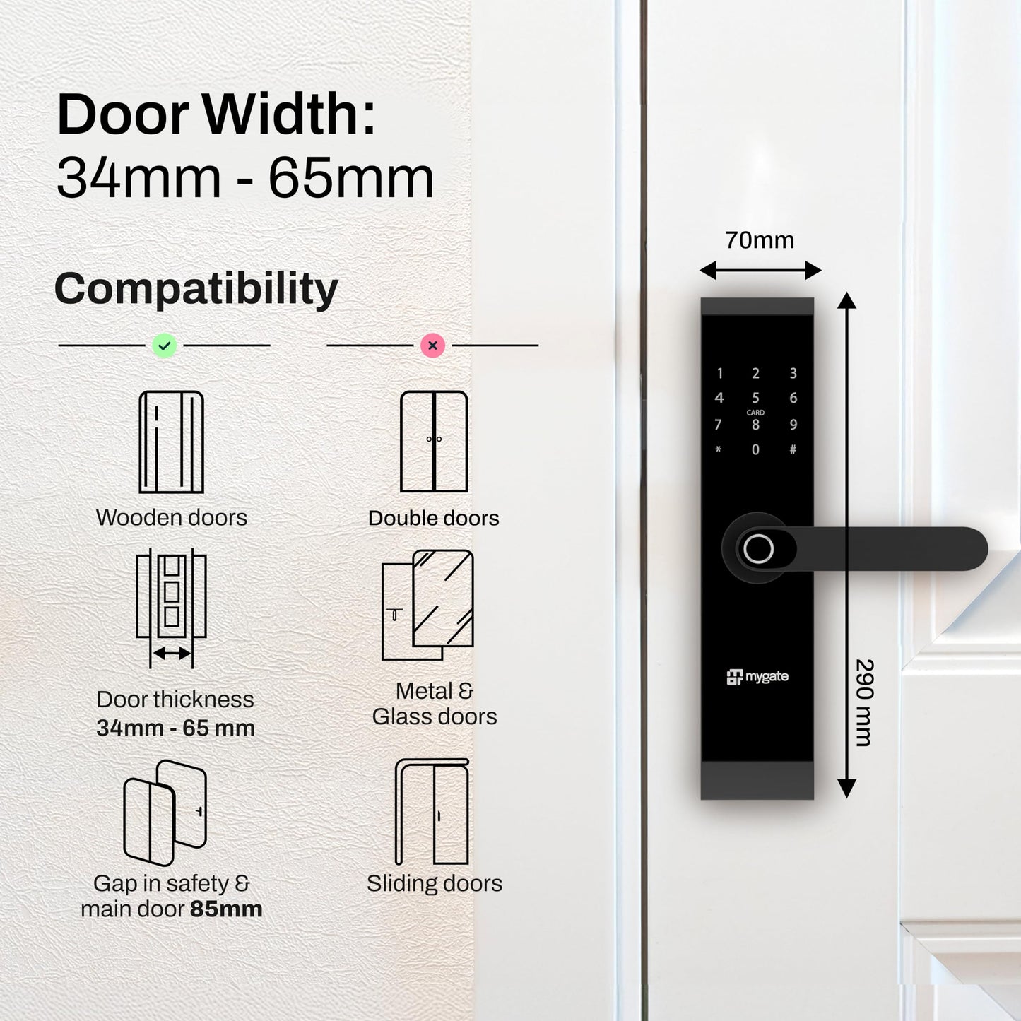 Mygate Smart Door Lock SE with 6 Unlock Methods, Fingerprint, OTP, PIN, RFID Card, Key & Mobile App Access, Unauthorized Freeze & Pin Decoy, Remote Unlocking via OTP| 3-Year Warranty by Mygate, Black