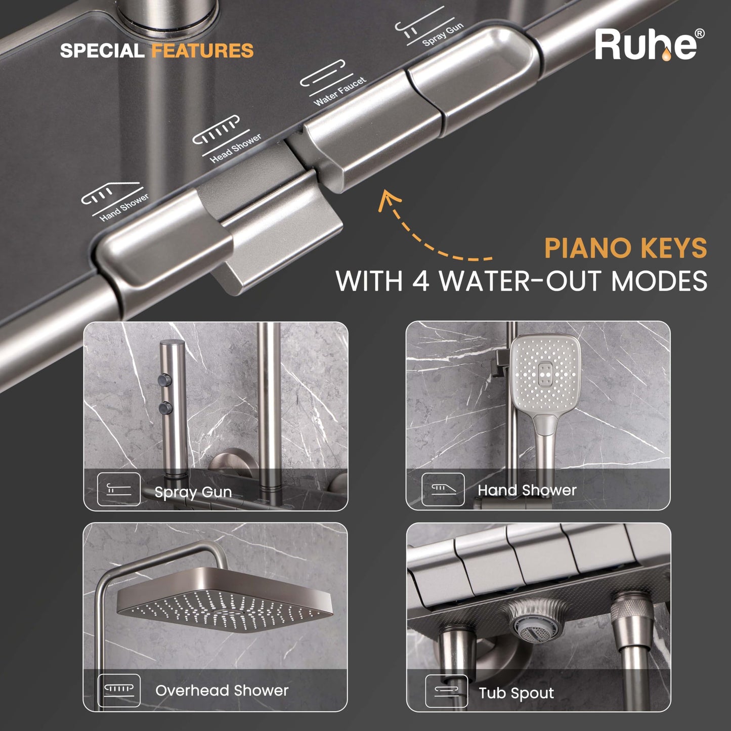 Ruhe Ripple Smart Shower Panel Set, 4-in-1 Multi Flow Functions, Piano Button Shower Panel System Chrome Finish, Includes Overhead Shower, 3-Flow Hand Shower and Dual Mode Water Spray Health Faucet