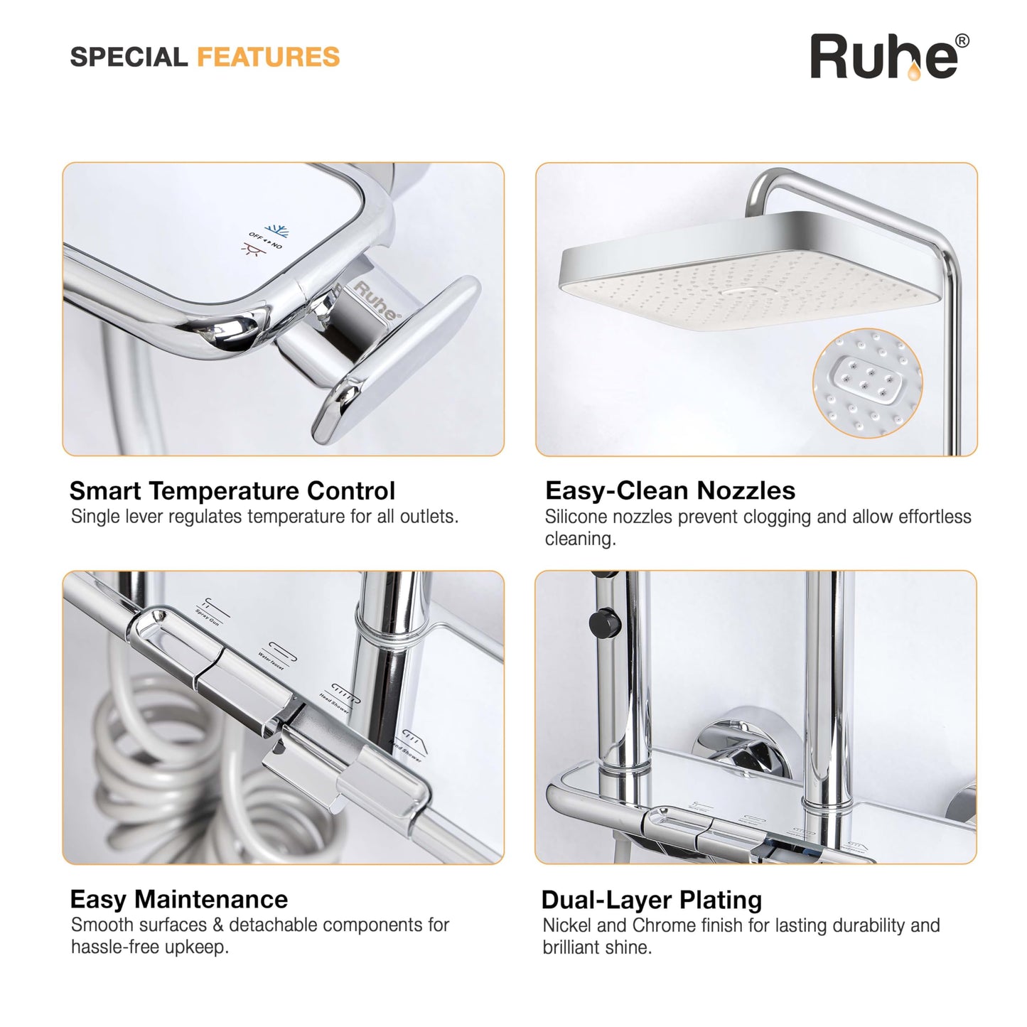 Ruhe Ripple Smart Shower Panel Set, 4-in-1 Multi Flow Functions, Piano Button Shower Panel System Chrome Finish, Includes Overhead Shower, 3-Flow Hand Shower and Dual Mode Water Spray Health Faucet