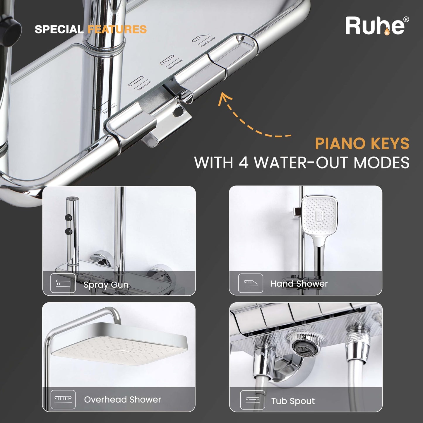 Ruhe Ripple Smart Shower Panel Set, 4-in-1 Multi Flow Functions, Piano Button Shower Panel System Chrome Finish, Includes Overhead Shower, 3-Flow Hand Shower and Dual Mode Water Spray Health Faucet