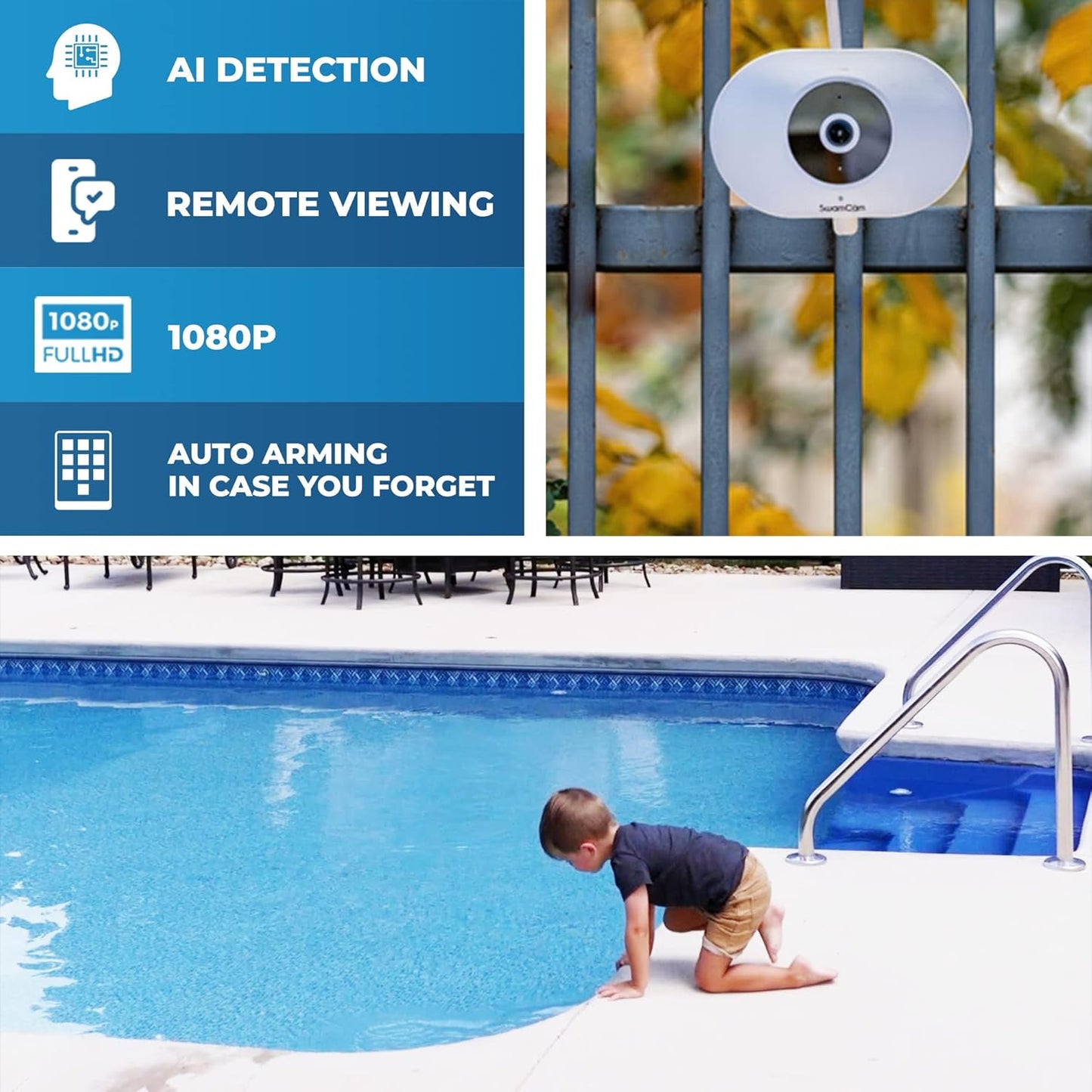 SwamCam WiFi Pool Alarm Camera – ASTM F2208 Certified Smart Pool Safety System | Real-Time Alerts, Remote Viewing, Wi-Fi Repeater – For Inground & Above Ground Pools