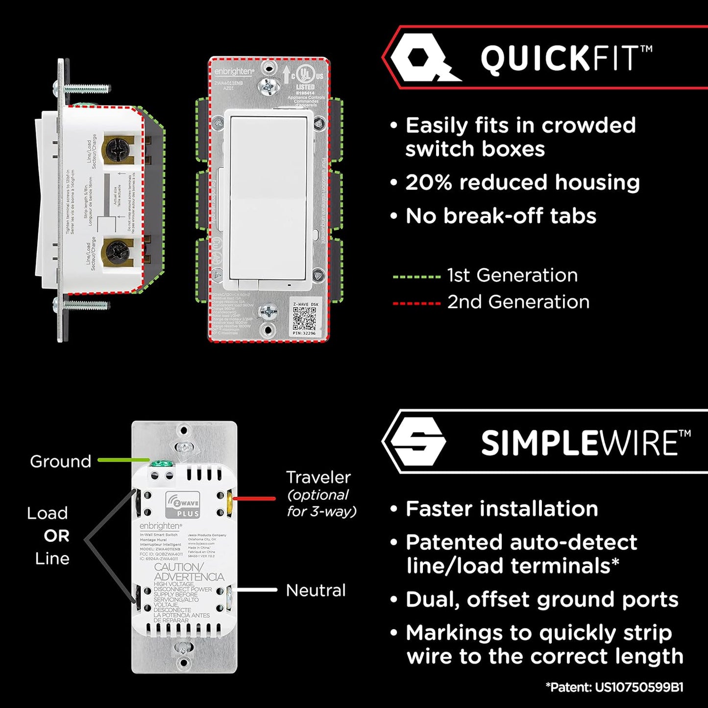 Enbrighten Z-Wave In-Wall Smart Light Switch with QuickFit and SimpleWire, Works with Google Assistant, Alexa, & SmartThings, Z-Wave Hub Required, Smart Home, 700 Series, 58433
