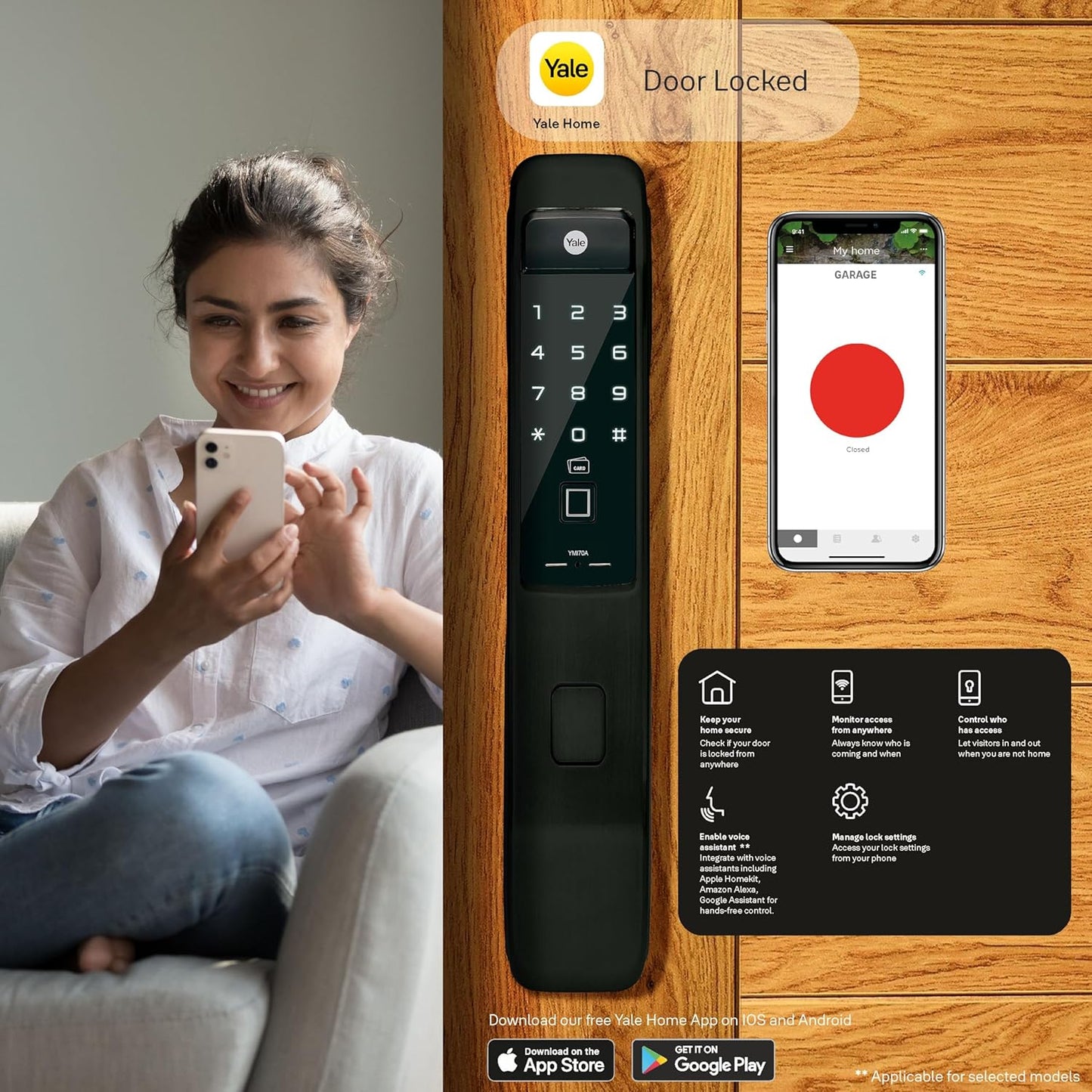 Yale YMI 70 Pull Smart Digital Door Lock – Biometric, PIN, RFID, Mechanical Key | Push-Pull Access | Fits 40mm–100mm Wooden Doors | Black | 3-Year Warranty